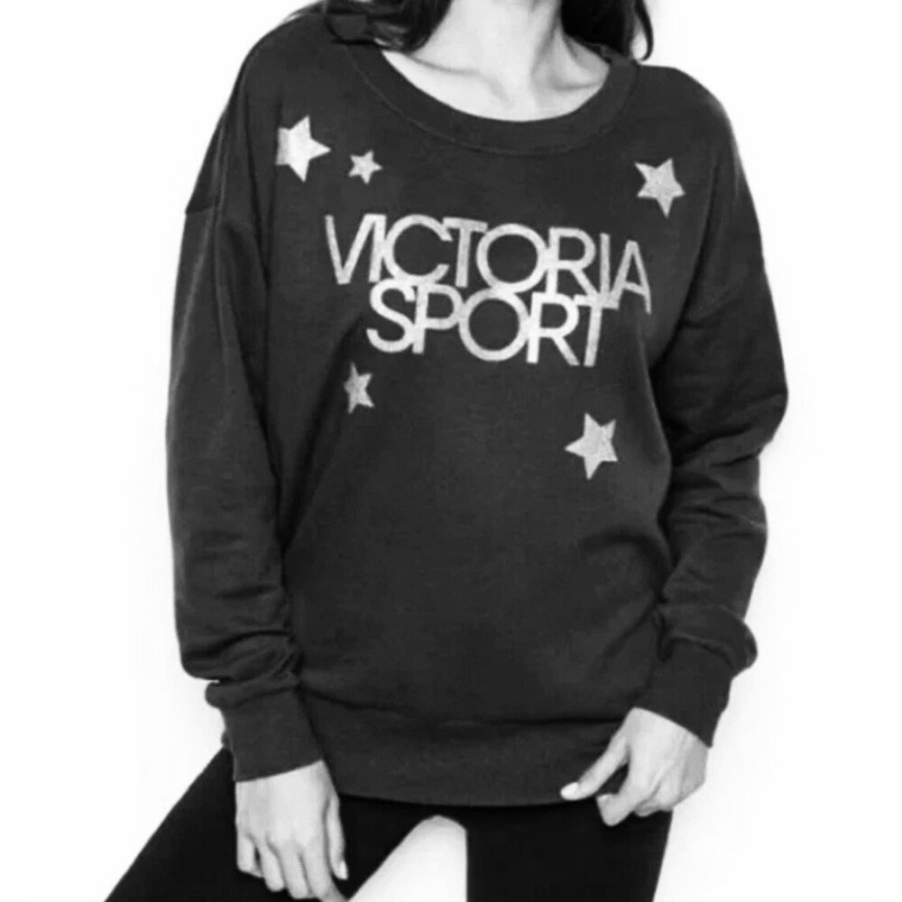 NEW Victoria Secret Sport Women XS Black Relaxed Fit Crew Sweatshirt Sparkle